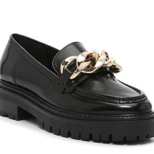 Steve Madden Makira Patent Heeled Platform Loafers with Gold Metallic Chain